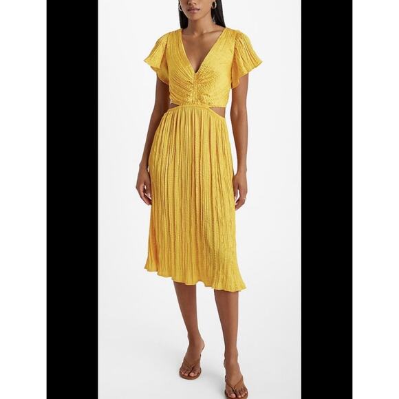 Express Dresses & Skirts - Express Satin V-Neck Flutter Sleeve Pleated Cutout Midi Dress Sz M Yellow Gold